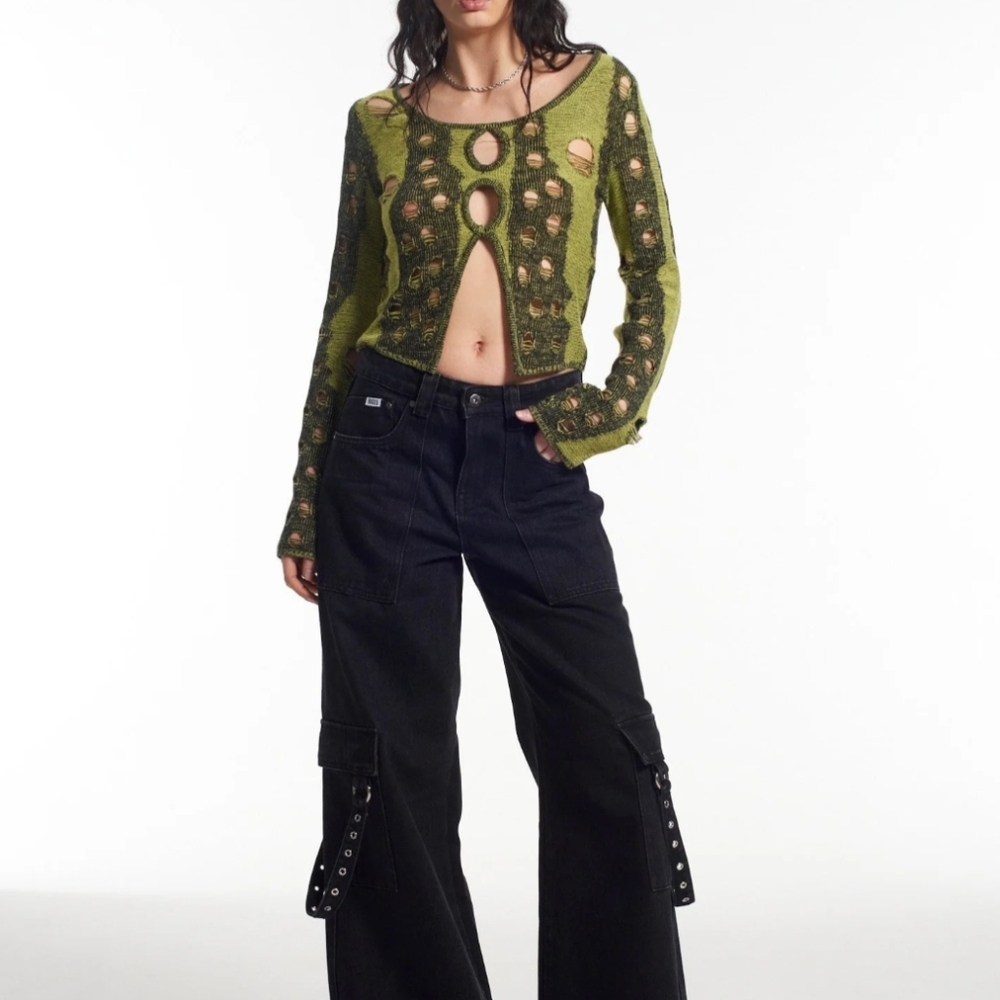 The Ragged Priest distressed Long Sleeve Cutout green Top size 6 - Picture 2 of 11